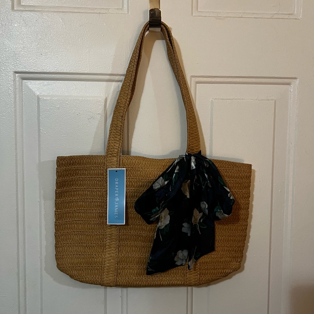 Draper James Everyday Straw Bag With Navy Floral Scarf